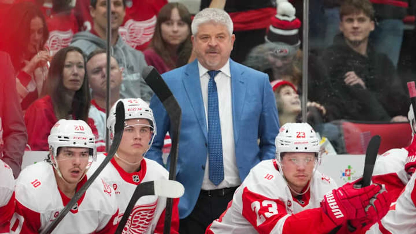 Feb 28, 2026; Raleigh, North Carolina, USA; Detroit Red Wings head coach Todd McLellan looks on against the Carolina Hurricanes during the third period at Lenovo Center. Mandatory Credit: James Guillory-Imagn Images