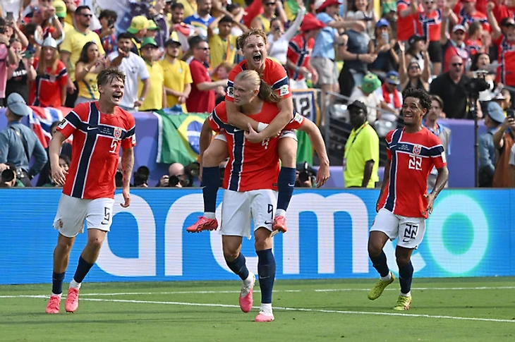 Licensable picture: Norway forward Andreas Schjelderup (21) celebrates after defeating Brazil 2-1 during FIFA World Cup 2026 round of 16 match | Reuters Connect