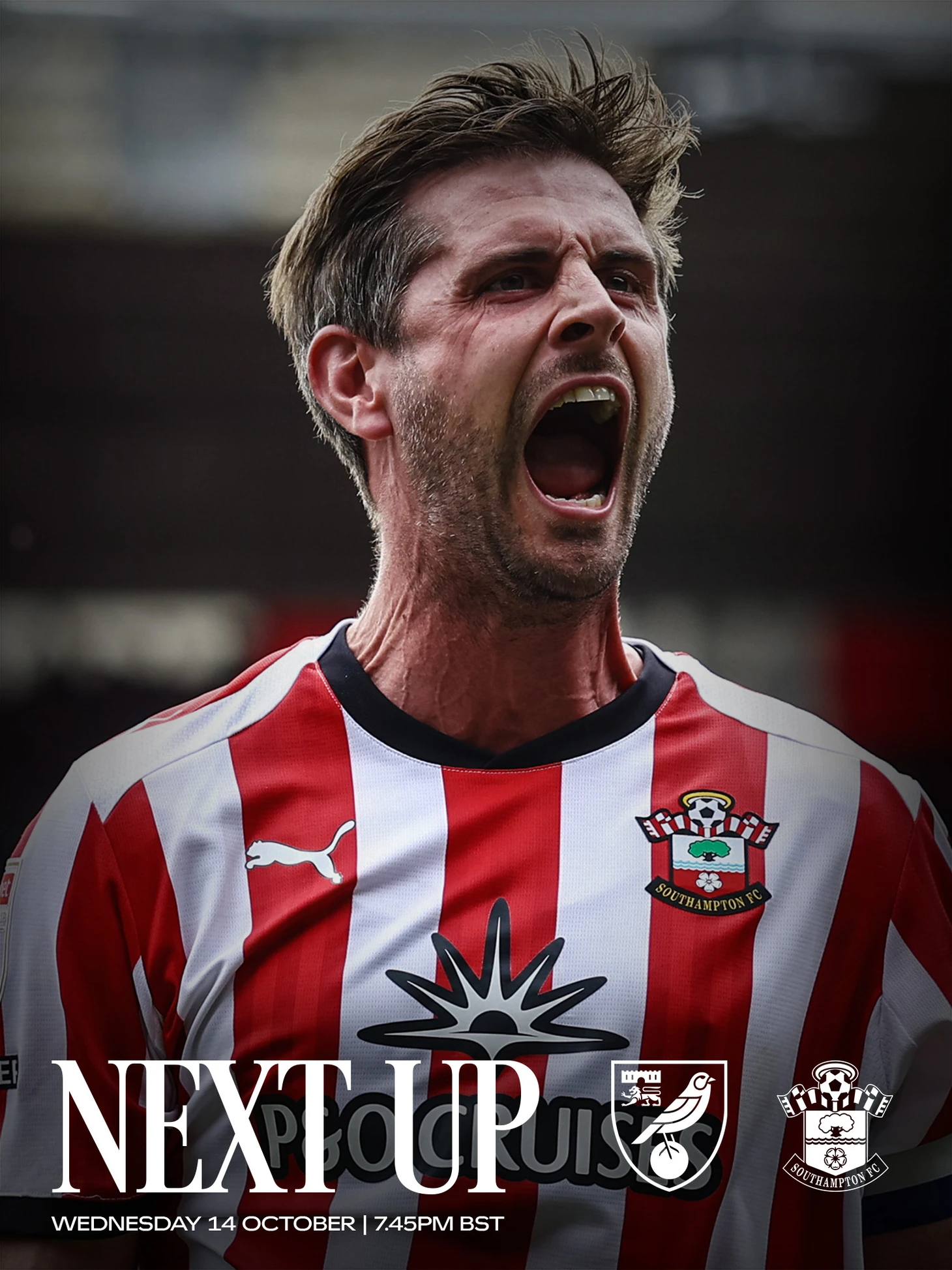 Next match graphic for Norwich City vs Southampton, featuring an image of Jack Stephens shouting in celebration. The text on the image reads: Next up. Wednesday 14 October. 7.45pm BST.
