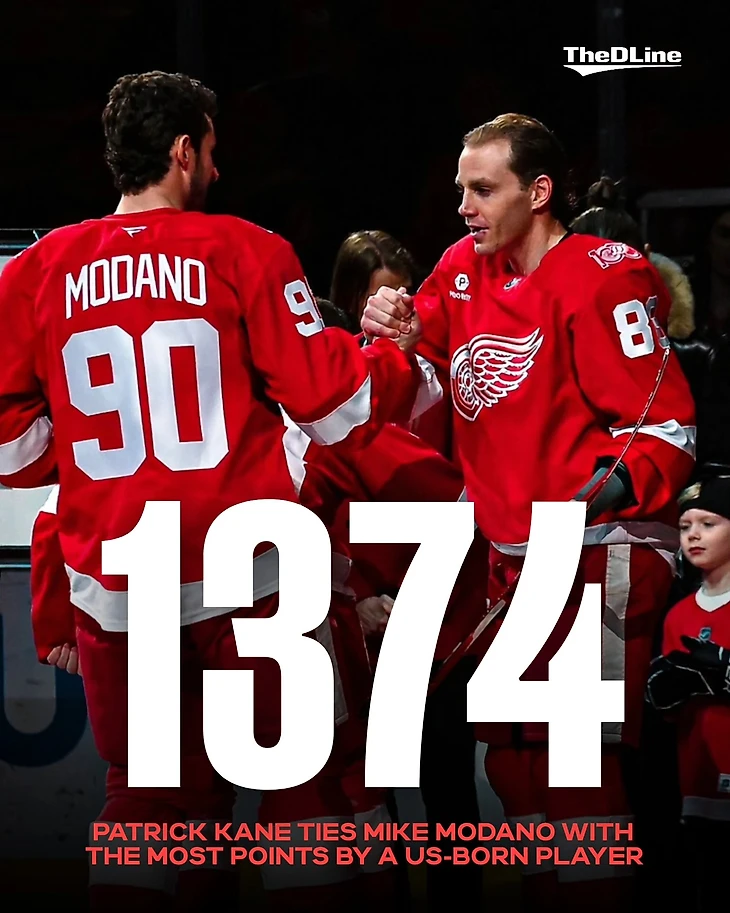 Возможно, это изображение хоккей и текст "TheDLine P Hote 8 MODANO 9 90 1374 13 PATRICK KANE TIES MIKE MODANO WITH THE MOST POINTS BY A US-BORN PLAYER"