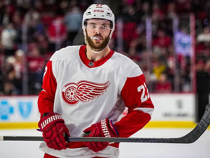 RALEIGH, NORTH CAROLINA – JANUARY 19: Michael Rasmussen #27 of the Detroit Red Wings reacts during the first period against the Carolina Hurricanes at PNC Arena on January 19, 2024 in Raleigh, North Carolina.