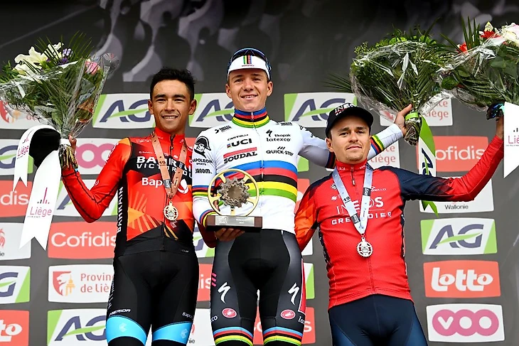 LIEGE BELGIUM APRIL 23 LR Santiago Buitrago of Colombia and Team Bahrain Victorious on third place race winner Remco Evenepoel of Belgium and Team Soudal Quick Step and Thomas Pidcock of The United Kingdom and Team INEOS Grenadiers on second place pose on the podium ceremony after the 109th Liege Bastogne Liege 2023 Mens Elite a 2581km one day race from Lige to Lige UCIWT on April 23 2023 in Liege Belgium Photo by Luc ClaessenGetty Images