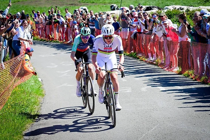Tadej Pogačar and Paul Seixas pull clear of the peloton on the Côte de la Redoute